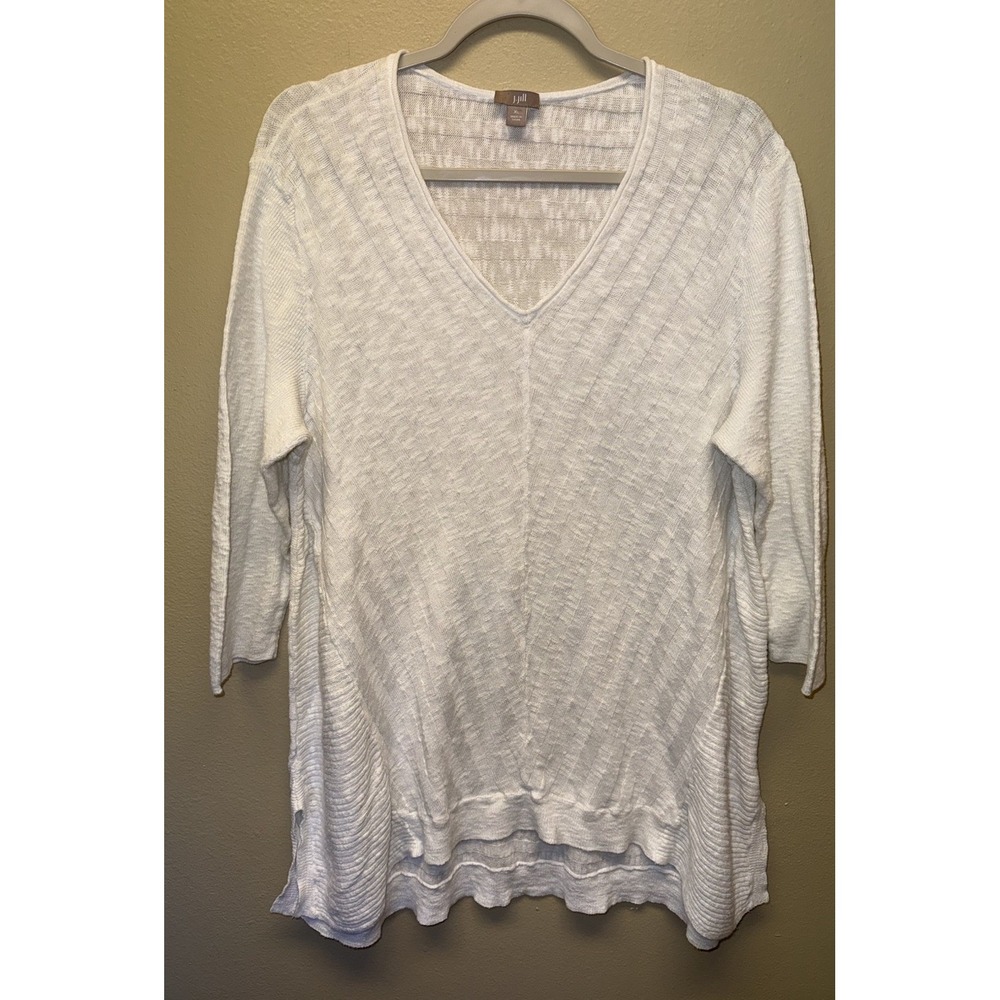 J.JILL Sweater Textured V-Neck 3/4 Sleeve XL Linen Cotton White Beach Coastal